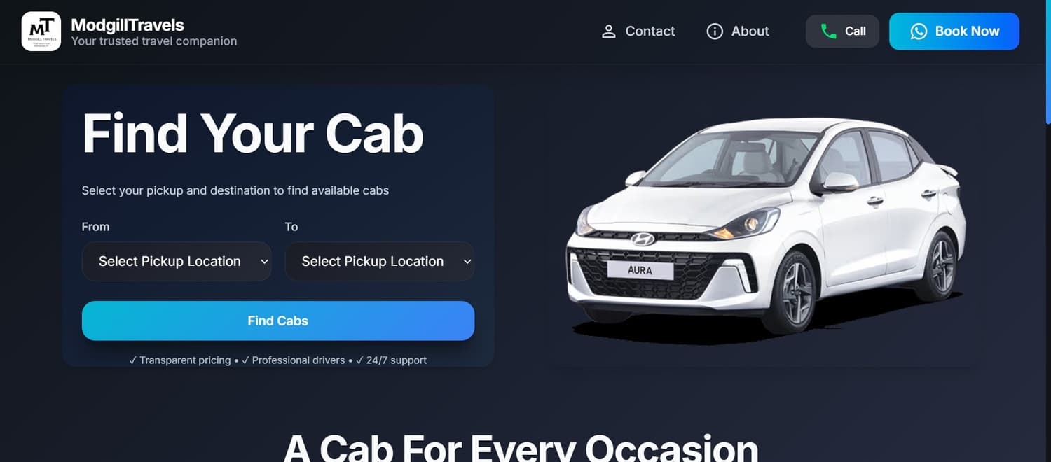 Modgill Travels - Taxi Booking Platform - Professional website developed by EaseBuilds for Patiala Punjab India. Local Business website with 60% Booking Increase.